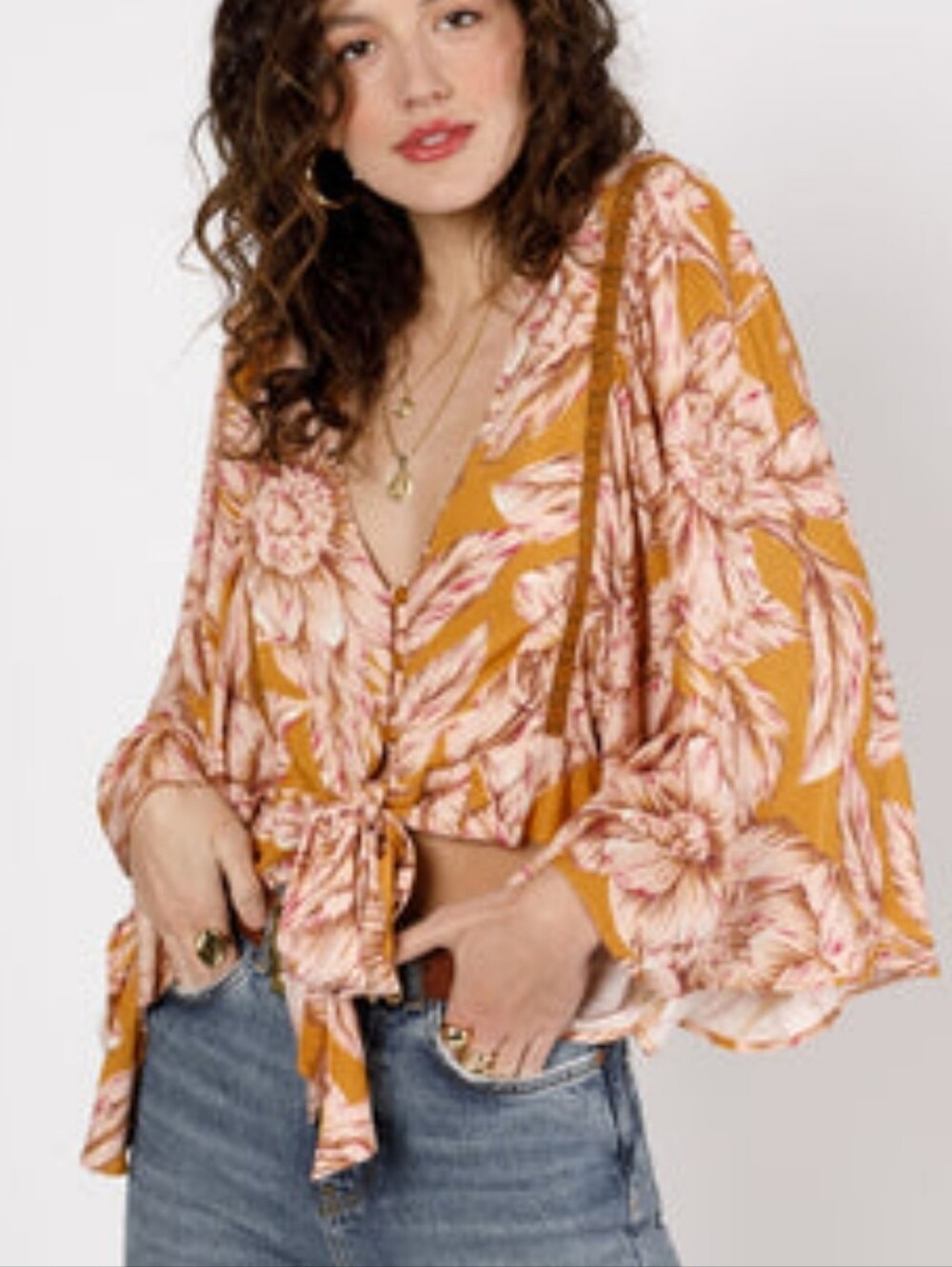 Band of the Free Blouse Libby Gold Floral Bell Sleeve Crop Top Small Boho